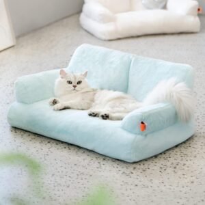 MEWOOFUN Plüsch-Katzenbett für Wohnungskatzen – Waschbares Haustiersofa (66 x 48 x 33 cm) mit rutschfester Unterseite, flauschiges kleines Hundebett für Welpen und Kätzchen, Blau